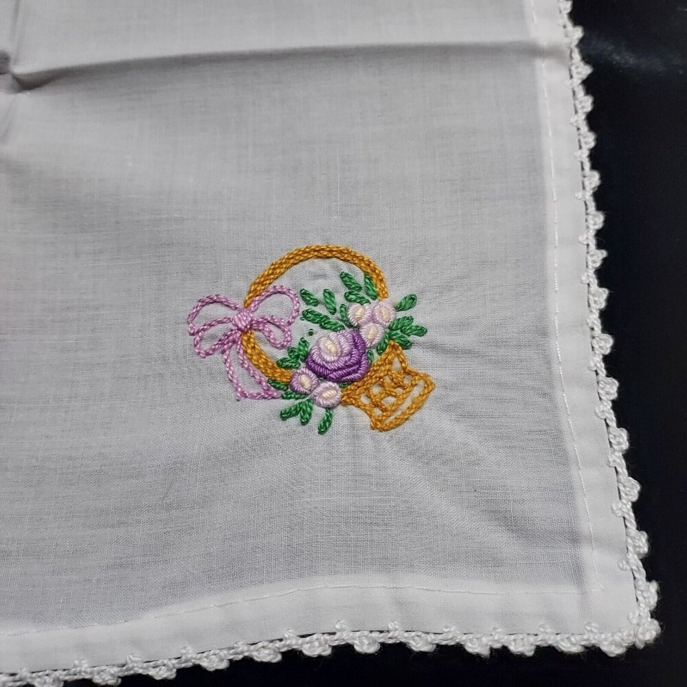 Balassa Handcrafted Embroidered Handkerchief Easter Basket Full of Purple Flower